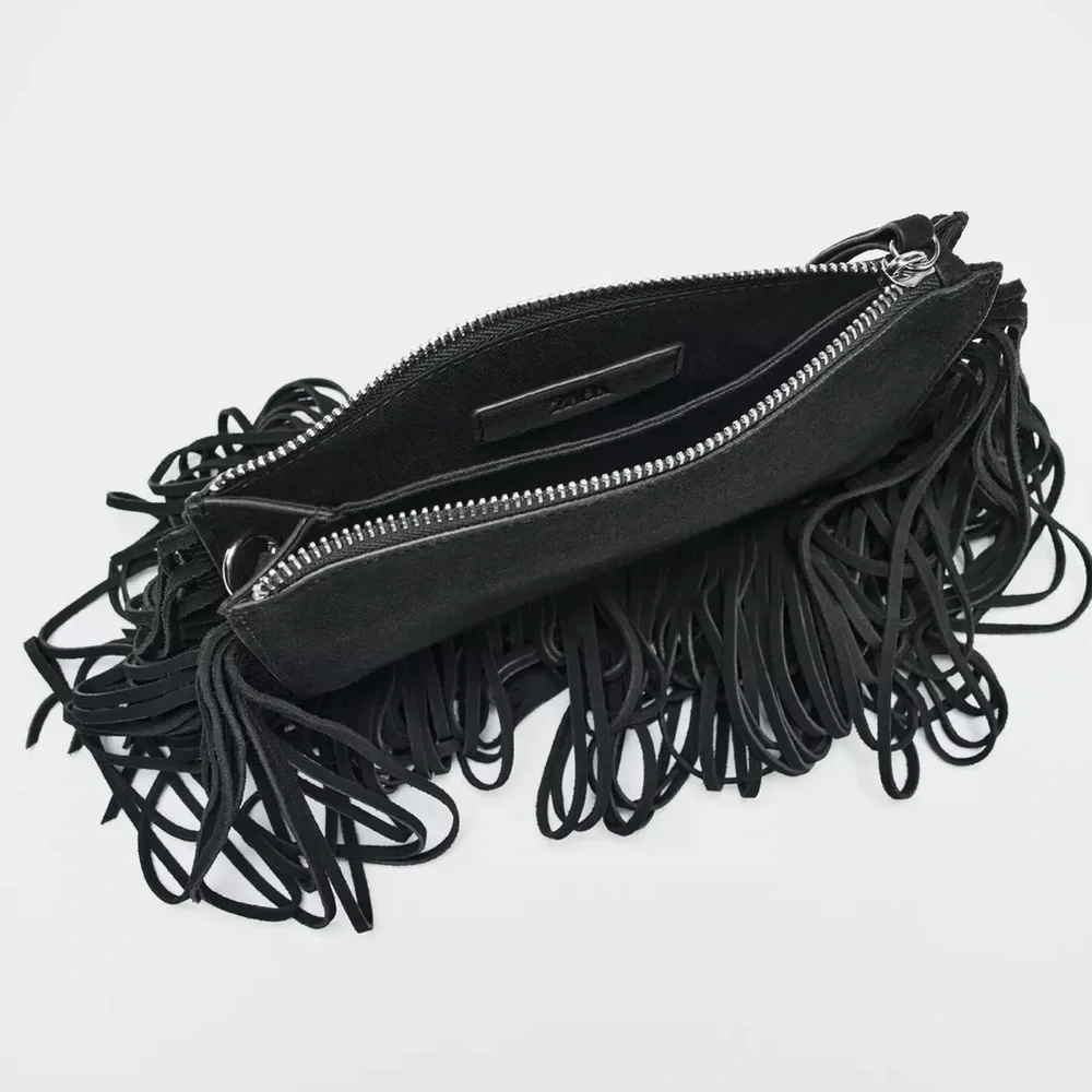 ZARA Leather Fringed Crossbody Bag - Black